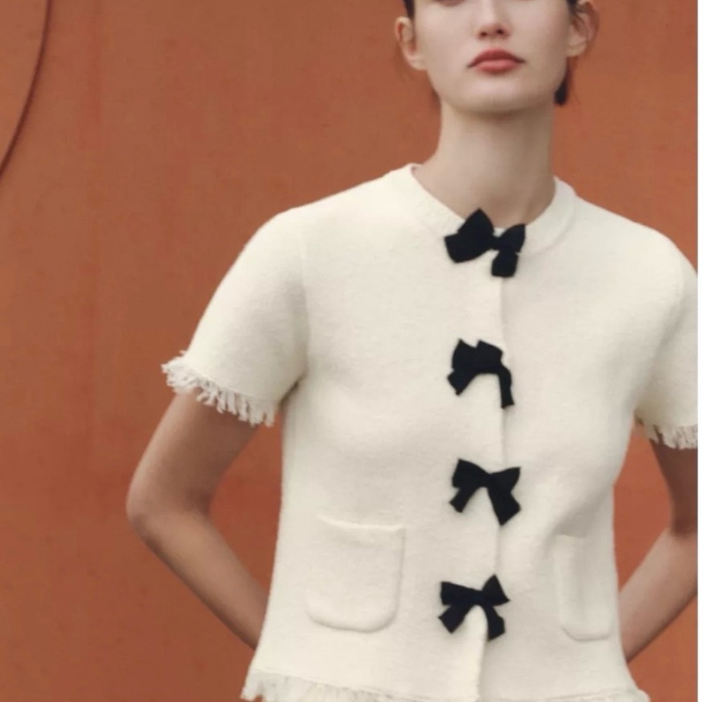 Zara Chic Cream Cardigan with Black Bows